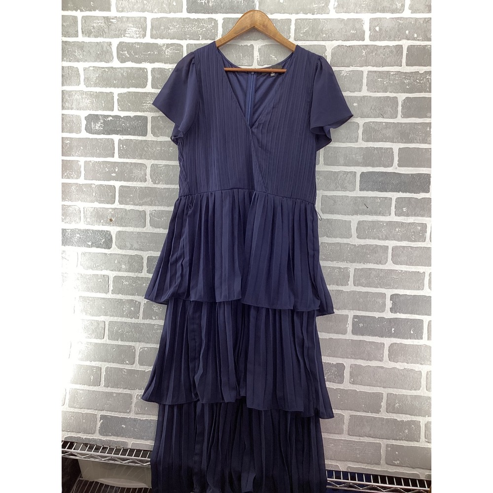 Lulus Navy Blue Pleated Tiered Maxi Dress V-Neck Flutter Sleeve XL